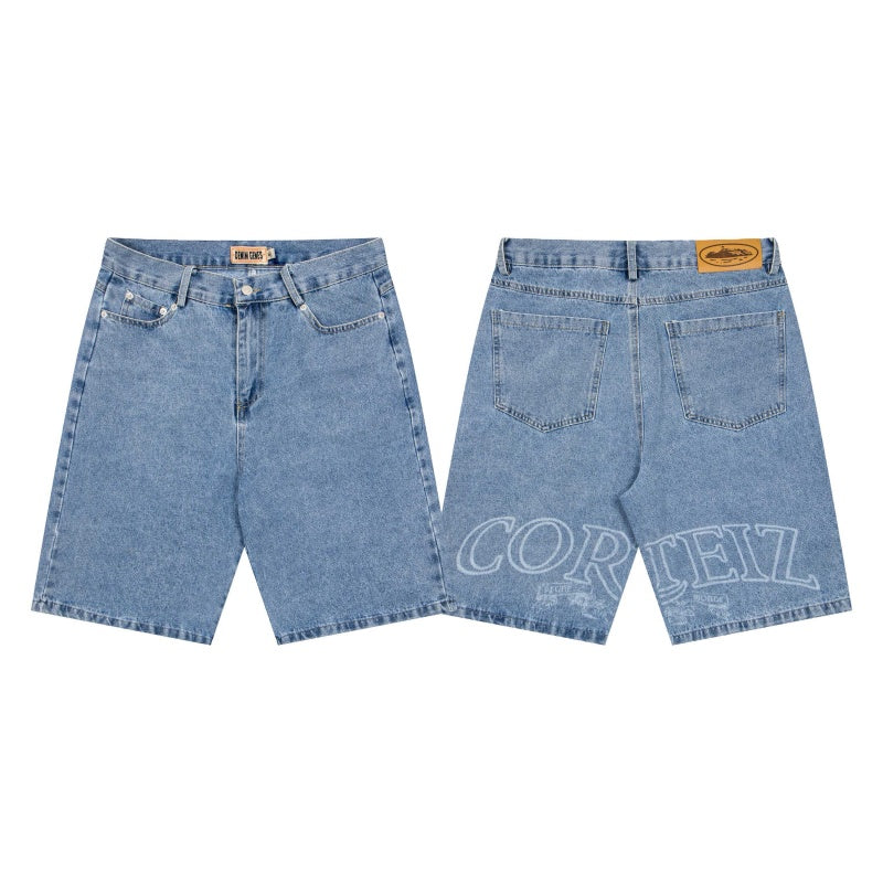 CORTEIZ Denim shorts Y2K Light Wash Denim Back Arc Lettering Loose Fit Shorts