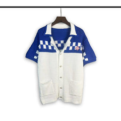 Casablanca knitted short-sleeved sweater Blue‑White Checkerboard Knit Button‑Front Set