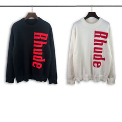 RHUDE knit sweater Asymmetrical Vertical Bold Red Letter Jacquard Knit Pullover