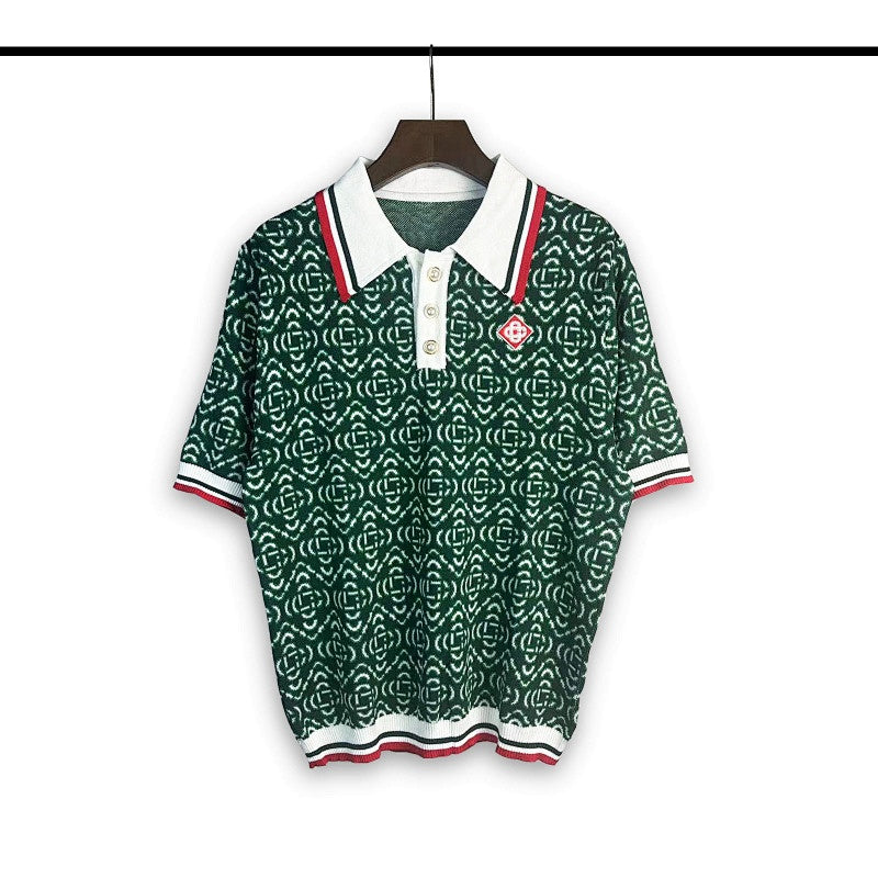 Casablanca knitted short-sleeved sweater Preppy Tipped‑Collar Geometric Repeat Print
