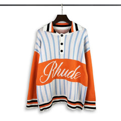 RHUDE knit sweater Henley Button Collar Mixed Stripe Block Knit Pullover