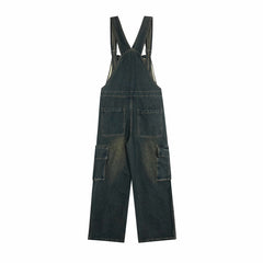 Street-style vintage jeans Women Overalls Y2K Vintage Denim Cargo Overalls with Lace-Up Waist and Cartoon Embroidery