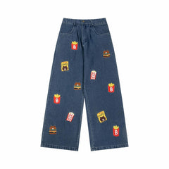 Street-style vintage jeans Retro Casual Loose Fit Straight Leg Jeans with Cute Bear Snacks Embroidery
