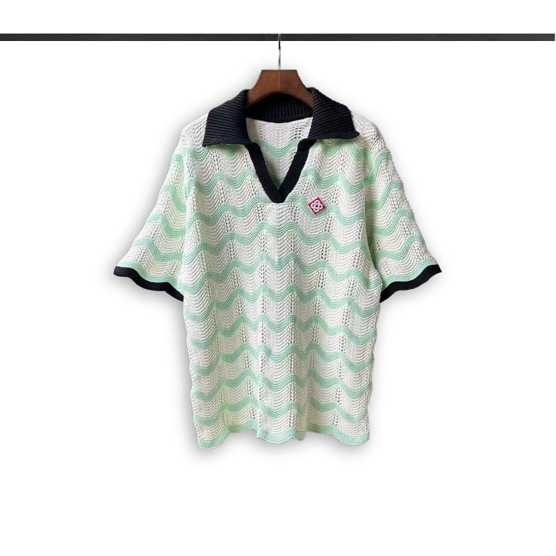 Casablanca knitted short-sleeved sweater Mint‑Green Chevron Textured Polo Top