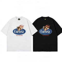 CORTEIZ T-shirt Y2K Retro Flame Angel Rules The World Printed Oversized Streetwear Tee