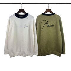 RHUDE knit sweater Two‑Tone Crewneck Raglan Knit With Front‑Back Calligraphy Graphic