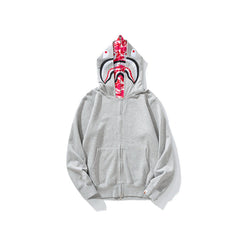 Bathing Shark print Hoodie Grey Pink Double Hood Cardigan Zip Hooded Fleece Shark