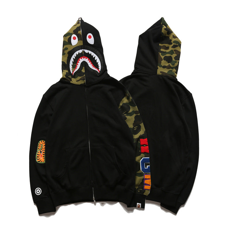 Bathing Shark print Hoodie Splicing Camouflage Sweater Male Shark Autumn