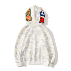Bathing Shark print Hoodie Double Hat Luminous Camouflage Cardigan Zip Hooded Velvet Shark