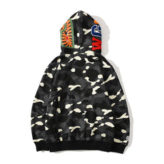 Bathing Shark print Hoodie Double Hat Luminous Camouflage Cardigan Zip Hooded Velvet Shark