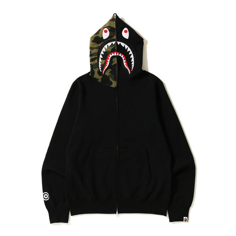 Bathing Shark print Autumn and Winter Men's Cotton Shark Head Camouflage Patchwork Hoodie Fleece Jacket