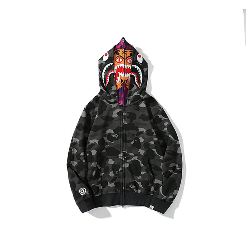 Bathing Shark print Hoodie Camouflage Shark Tiger Head Double Hat Sweater