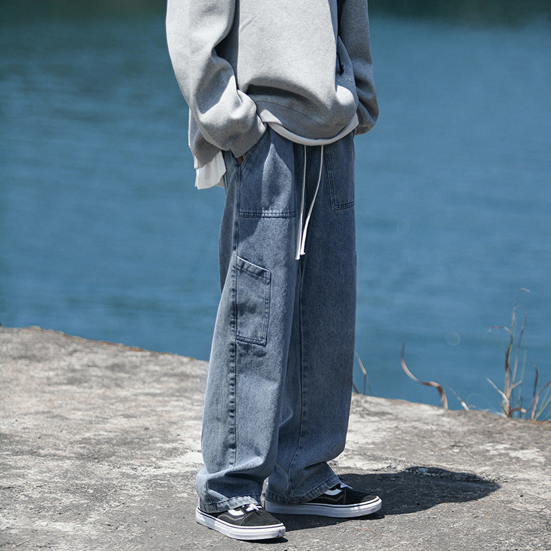 Men Jeans Retro Workwear Jeans Straight Loose plus Size Autumn and Winter Wide-Leg Pants