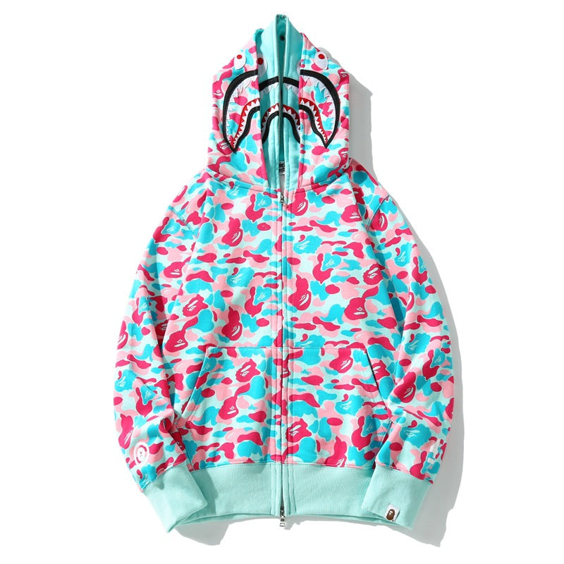 Bathing Shark print Hoodie Miami Two-Hat Cardigan Zipper Fall/Winter Velvet Shark