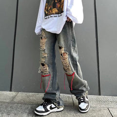 Men Jeans Retro Washed Ripped Embroidered Slim Straight Jeans
