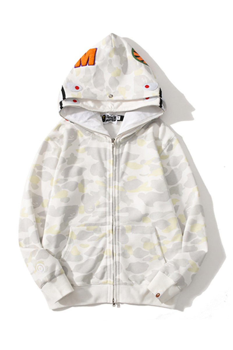 Bathing Shark print Hoodie Double Hat Luminous Camouflage Cardigan Zip Hooded Velvet Shark
