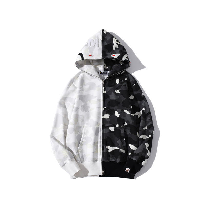 Bathing Shark print Hoodie shark head black and white luminous color matching sweater
