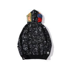 Bathing Shark print Hoodie Luminous Starry Sky Two-Hat Cardigan Zipper Velvet Shark