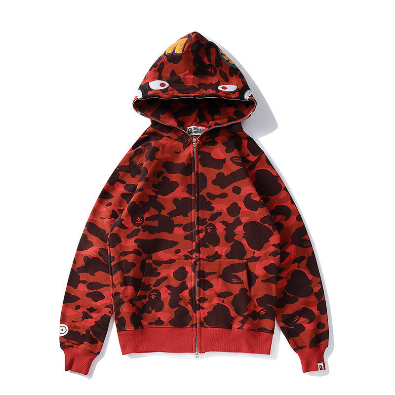 Bathing Shark print Autumn and Winter Men's and Women's Pure Cotton Shark Head 3D Camouflage Printing Brushed Hoody Hoodie