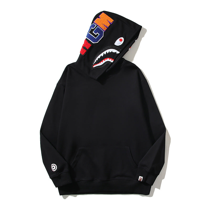 Bathing Shark print Hoodie Embroidery Solid Color Sweater Men