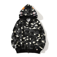 Bathing Shark print Hoodie Double Hat Luminous Camouflage Cardigan Zip Hooded Velvet Shark