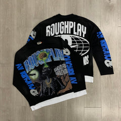 Roughplay Long sleeved shirt "Skull Shock" – A stylish fusion of DTG white ink printing and hot-fix rhinestones.