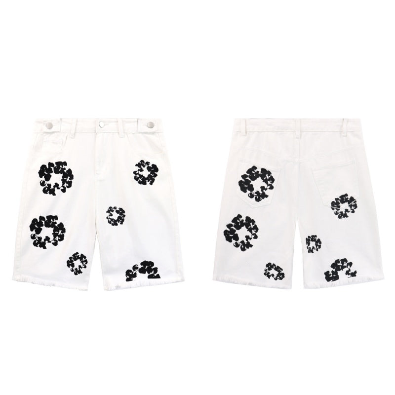 DENIM TEARS Denim shorts Denim All-Over Flower Wreath Graphic Oversized Frayed Hem Shorts