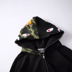 Bathing Shark print Hoodie Splicing Camouflage Sweater Cardigan Hooded