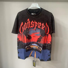 Godspeed T Shirts Sunset Palm Highway Retro Car Graphic
