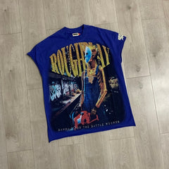 Roughplay T Shirts White-ink direct-print rhinestone-embellished short-sleeve tee (US streetwear style)