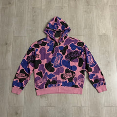 Roughplay Hoodie Pink Camo Rhinestone-Embellished Distressed Cardigan