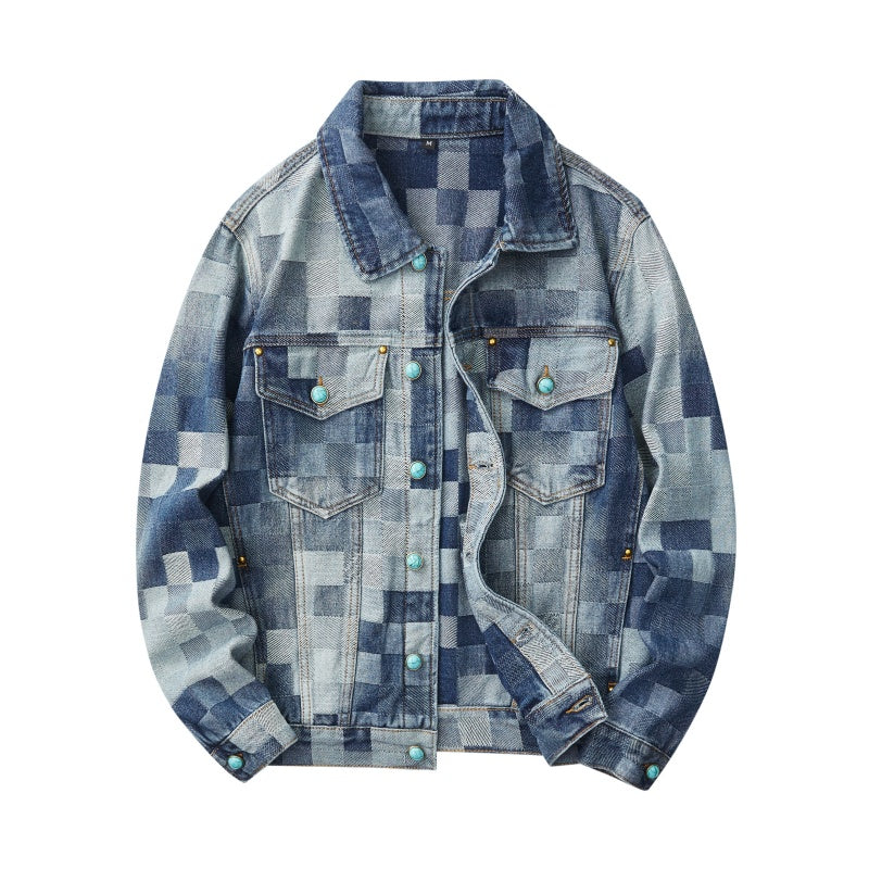 Denim Jacket & Jeans High-Street Trend Streetwear Jacket Vintage Blue Washed Grid Graphic Turquoise Button Casual Denim Outerwear (jacket and jeans must be purchased separately.)