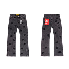 GODSPEED Jeans Denim All-Over Flower Wreath Graphic Split Flare Cut Pants
