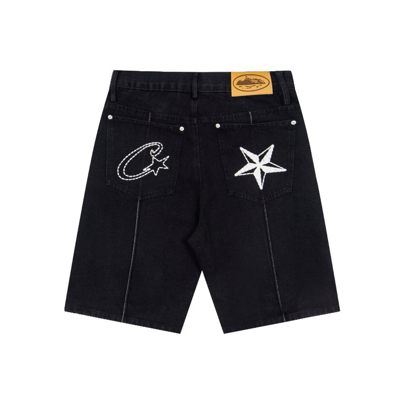 CORTEIZ Denim shorts Y2K Center Seam Wash Denim C-Star & Star Graphic Loose Fit Shorts