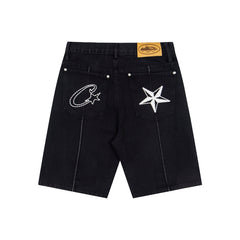 CORTEIZ Denim shorts Y2K Center Seam Wash Denim C-Star & Star Graphic Loose Fit Shorts