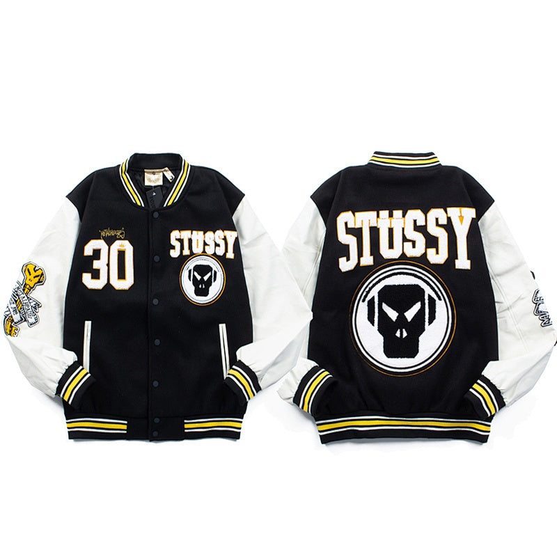 American-style baseball jacket Niche Streetwear STU Black & White Collaboration Embroidered Unisex Piece (Spring/Autumn/Winter)