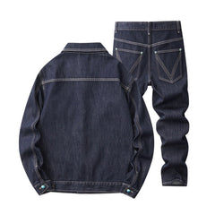 Denim Jacket & Jeans High-Street Trend Hip Hop Denim Pants Loose Fit Dark Blue Contrast Stitching Button Fly Straight Cut Raw Denim Jeans Streetwear Vintage Trousers (jacket and jeans must be purchased separately.)