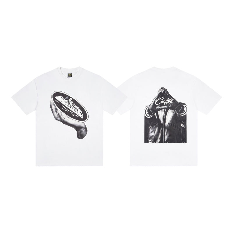 CORTEIZ T-shirt Y2K Hand Holding Island Crest Back Hand Sign Photo Printed Oversized White Tee