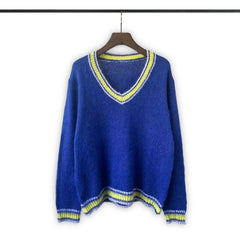 RHUDE knit sweater Collegiate‑Style Multi‑Color Ribbed V‑Neck Bound‑Edge Textured Knit Top