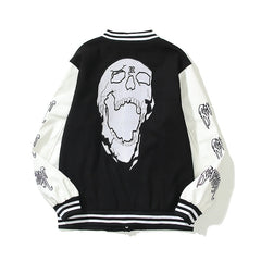 American-style baseball jacket Revenge Varsity Padded Jacket with Skull Embroidery and Leather Sleeves
