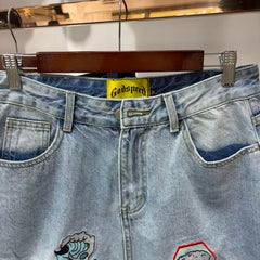 Godspeed Shorts Gothic Skull Patch Frayed Denim