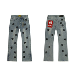 GODSPEED Jeans Denim All-Over Flower Wreath Graphic Split Flare Cut Pants
