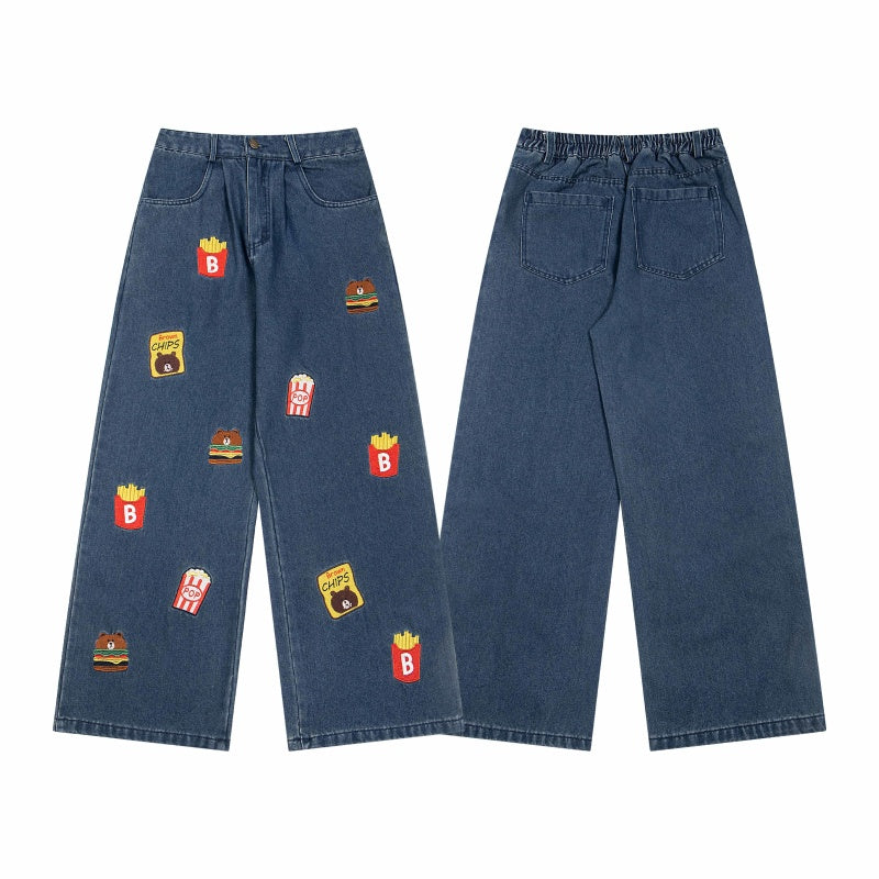 Street-style vintage jeans Retro Casual Loose Fit Straight Leg Jeans with Cute Bear Snacks Embroidery