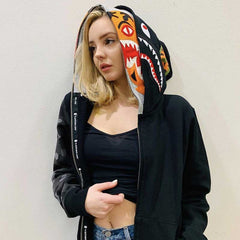 Bathing Shark print Tiger Head Shark Double Hood Sweater Camouflage Hoodie Thin Velvet Terry Hooded Sweater