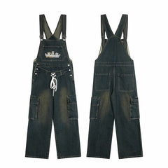 Street-style vintage jeans Women Overalls Y2K Vintage Denim Cargo Overalls with Lace-Up Waist and Cartoon Embroidery