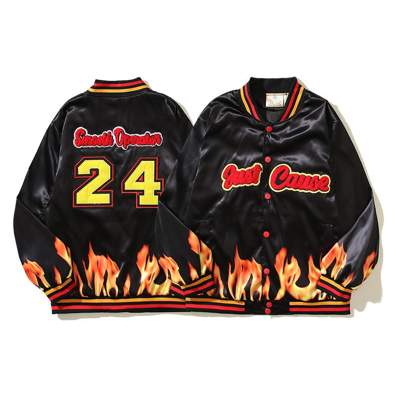 American-style baseball jacket Trending Vintage-Style Sports Sweatshirt: NBA-Inspired Flame Print & Retro Towel Embroidery