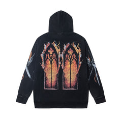 Who Decide War Hoodie Unisex Y2K Black Zip-Up Bomber Jacket with All-Over Graphic Outline Prints and Typography