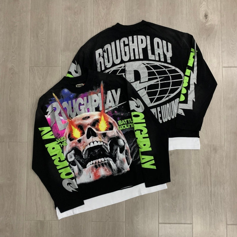 Roughplay Long sleeved shirt Power Skull High-Quality Streetwear Paneled Short-Sleeve Tee