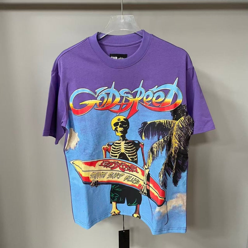 Godspeed T Shirts Purple Base Retro Beach Skeleton Surfboard Print