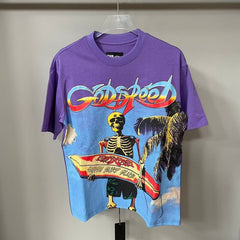 Godspeed T Shirts Purple Base Retro Beach Skeleton Surfboard Print